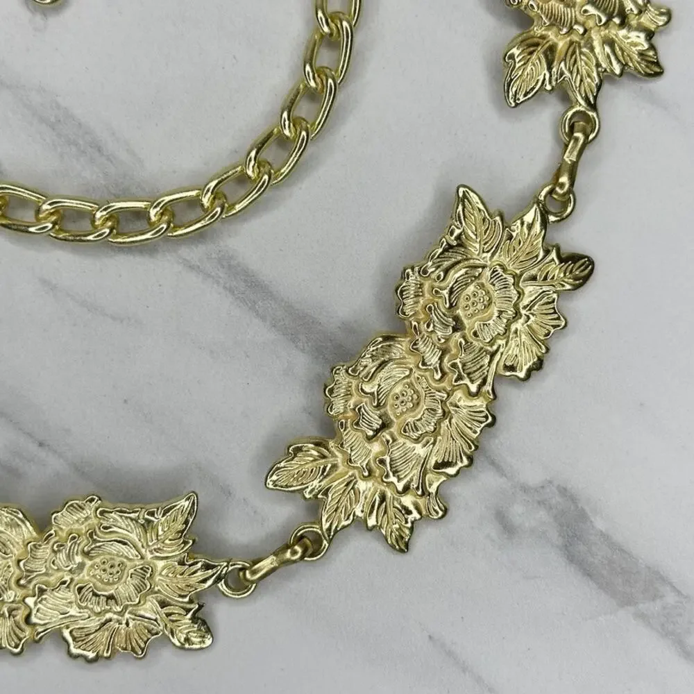 Floral Gold Tone Rose Chain Link Belt One Size (OS) ✨